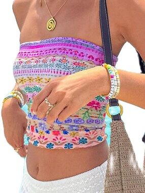 Amazon Floral Multi-Color Strapless Smocked Crop Top